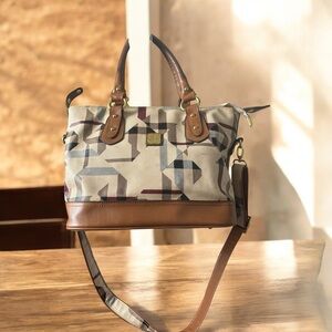 Geometric Pattern Tote Bag with Brown Accents